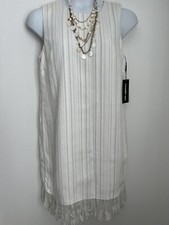 Karl Lagerfeld Paris NWT Ivory Silver Stripe Metallic Sheath Dress Fringe 12