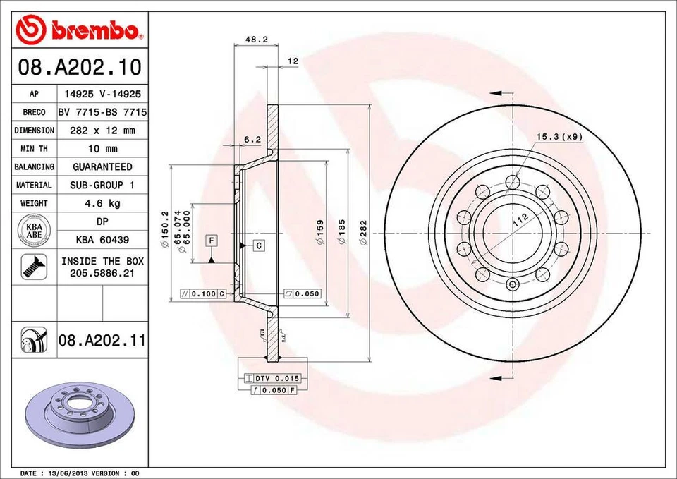 Rotor de freio a disco traseiro Brembo 08.A202.11 282mm para 2017-2018 VW Tiguan Limited - Imagem 3 de 4