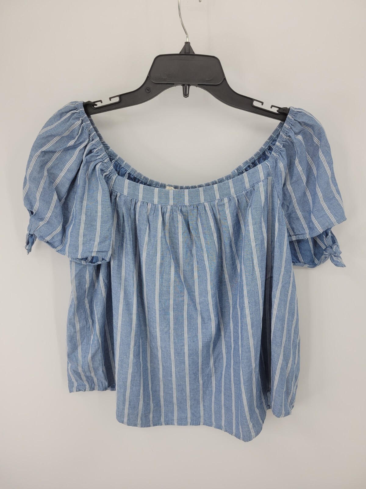 Hem & Thread Top Womens Large Blue White Stirpe Scoop Neck Short Sleeve Boho