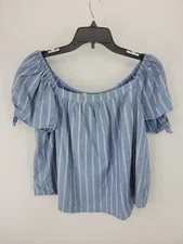 Hem & Thread Top Womens Large Blue White Stirpe Scoop Neck Short Sleeve Boho