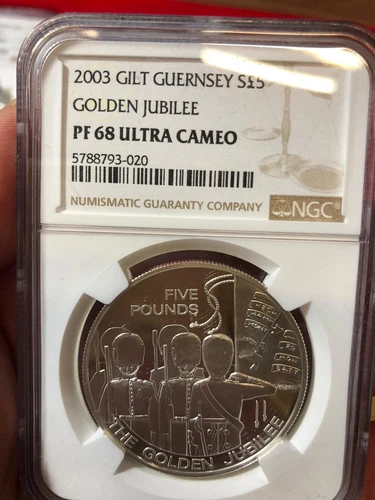 Guernsey 2003 Golden Jubilee Gilt Silver 5 pound The Grenadier Guards NGC PF68