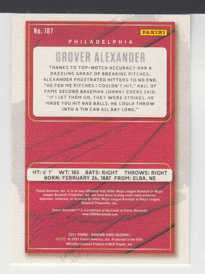 GROVER ALEXANDER : MLB - 2021 - PANININ DIAMOND KINGS ARTIST'S - CARD  No # 107 - Image 2 of 2