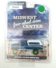 1974 Ford F-250 with Camper Shell *RARE GREEN WHEELS 1:64 by Greenlight