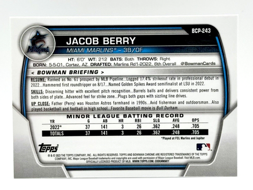 2023 Bowman Chrome Prospects Shimmer Refractor Jacob Berry RC Miami Marlins - Picture 2 of 2