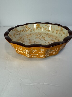 Temptations bakeware Brown Yellow Floral Lace 9” Pie Baking Plate Ovenware 
