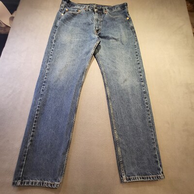Levis 505 Jeans Men 36x31 Blue Regular Fit Straight Leg Medium Wash Distressed