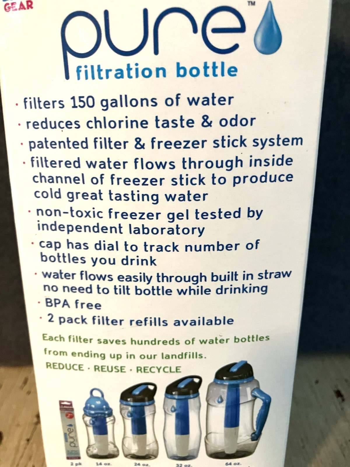 Cool Gear EZ-Freeze 24 oz Pure Filtration Water Bottle Freezer Stick Filter NEW