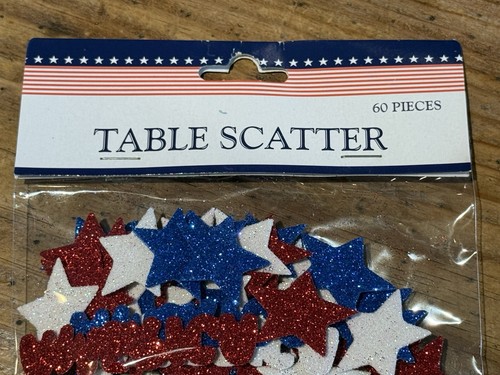 4th of July “TABLE SCATTER” Glittery STARS & AMERICA 60 pcs Red, White & Blue - Picture 3 of 6