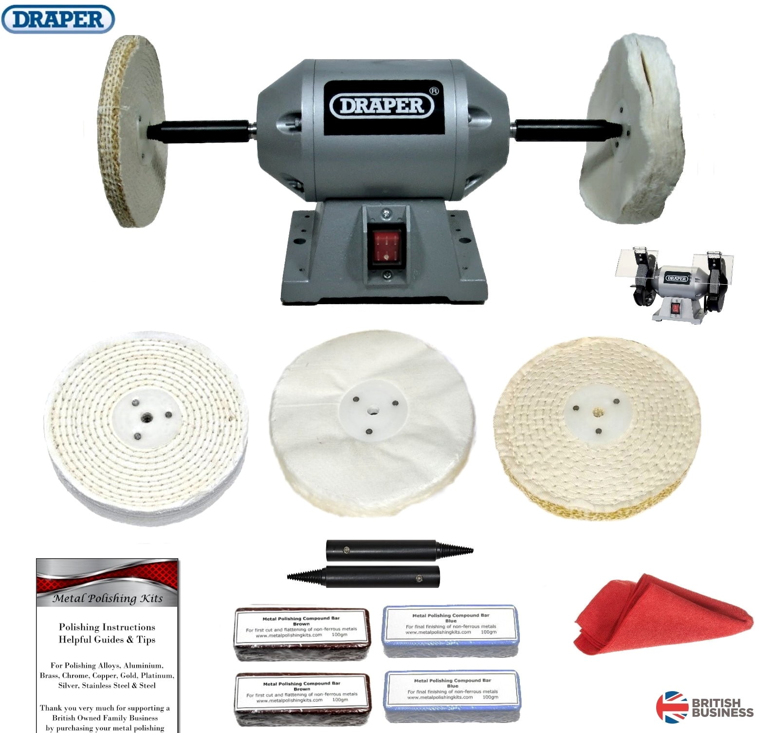 Draper Bench Grinder Polisher Machine 250W + 6"" Aluminium Alloys Polishing  Kit