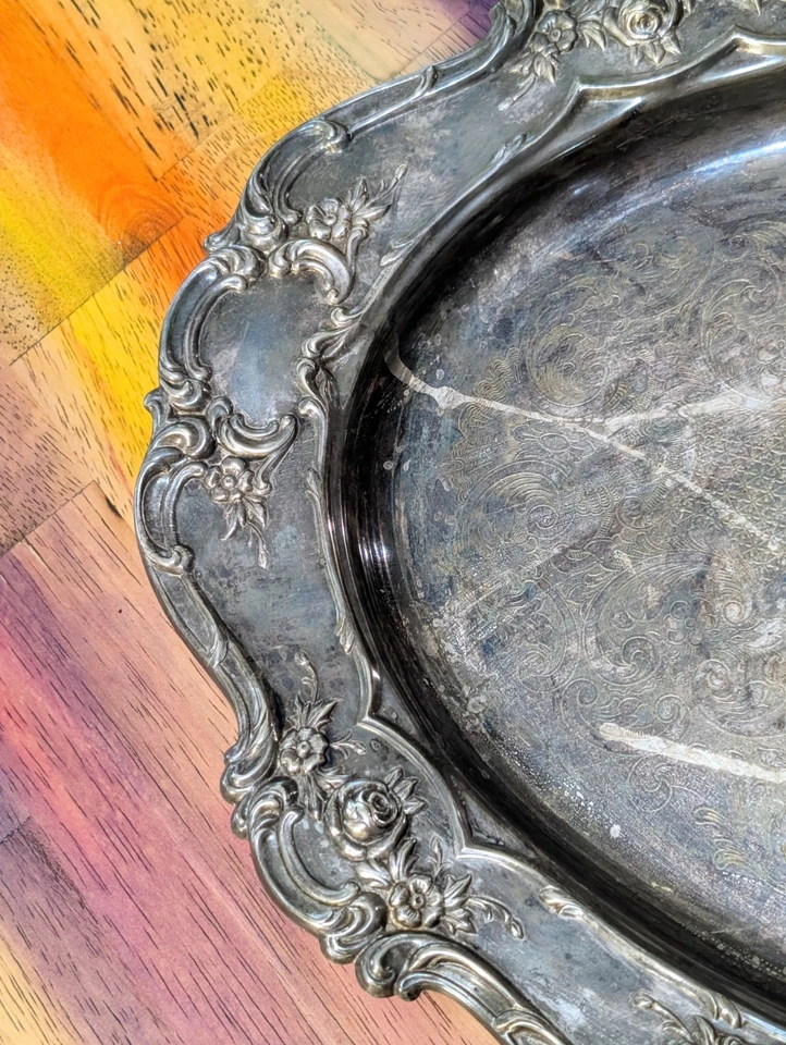 ⭐TOALLA DE COLECCIÓN Plato Ovalado Plateado Repujado Antiguo Maestro, Pátina MCM GRANDE Floral 4071 Foto 4 de 4