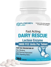 Puregen Labs Dairy Rescue Fast Acting Lactase Enzyme 9000 FCC 360 Tablets