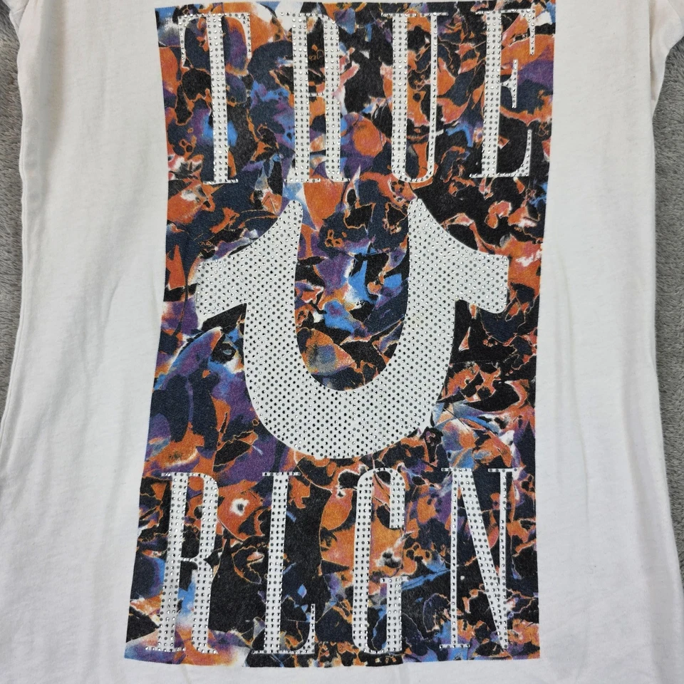 Camisa True Religion Para Mujer XS Blanca Abstracta Floral Gráfico Camiseta Estrás Y2K Foto 2 de 4