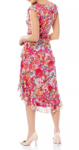 Review Fruit Punch Dress AU 12 Pink Floral Hi-low Hem Frills Flutter V-Neck Fril - Picture 3 of 20