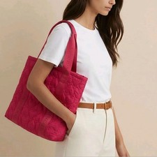 Victoria's Secret Large Red Heart Pattern Quilted Nylon Tote Bag Thick Straps