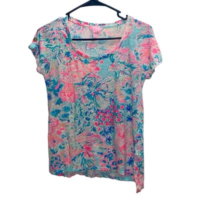 Lily Pulitzer Inara Koi Fish Print Roll Tab Short Sleeve Shirt Womens XXS Top