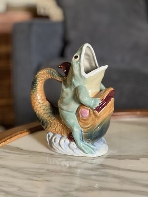 Vintage Majolica Glazed Frog Riding Fish Ceramic Pottery Pitcher RARE