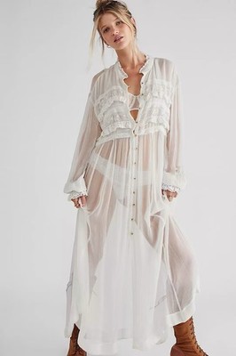 Free People Lace Button-Front Collared Long Sleeve Amelia Lace Maxi Dress 