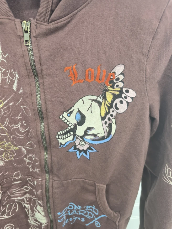Vintage Y2K Don Ed Hardy Designs Tattoo Graphic Full Zip Up Hoodie Skull Heart  - Image 3 of 4