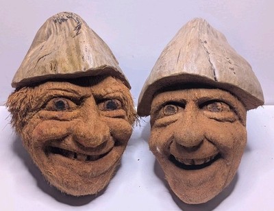 Vintage Signed 1996 Coconut Spirits Of Kauai Hand Carved Tiki Masks Pair