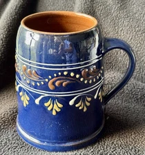 Redware Mug Rothenburger Keramik K Ehler Blue Pottery  Enamel Flowers Germany