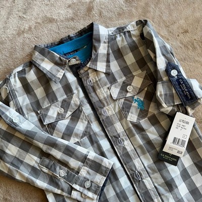 U.S. Polo Assn Shirt Set Boys 4T Grey White Plaid Gingham Tee Excellent 2 piece