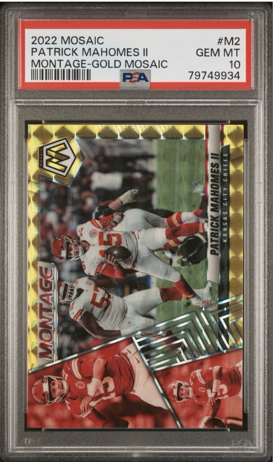 2022 Panini Mosaic Montage Patrick Mahomes II #M-2 Gold Mosaic Prizm /10 PSA 10