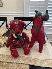 Vintage Set Of 2 Christmas Holiday Hand Made Plush Jointed Bear Reindeer Deer