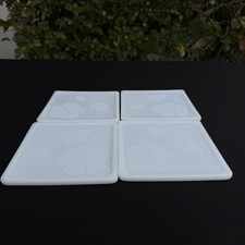 Set 4pc Glasbake Milk Glass Square Trivets Embossed Poppy Flower Heat Proof Tile