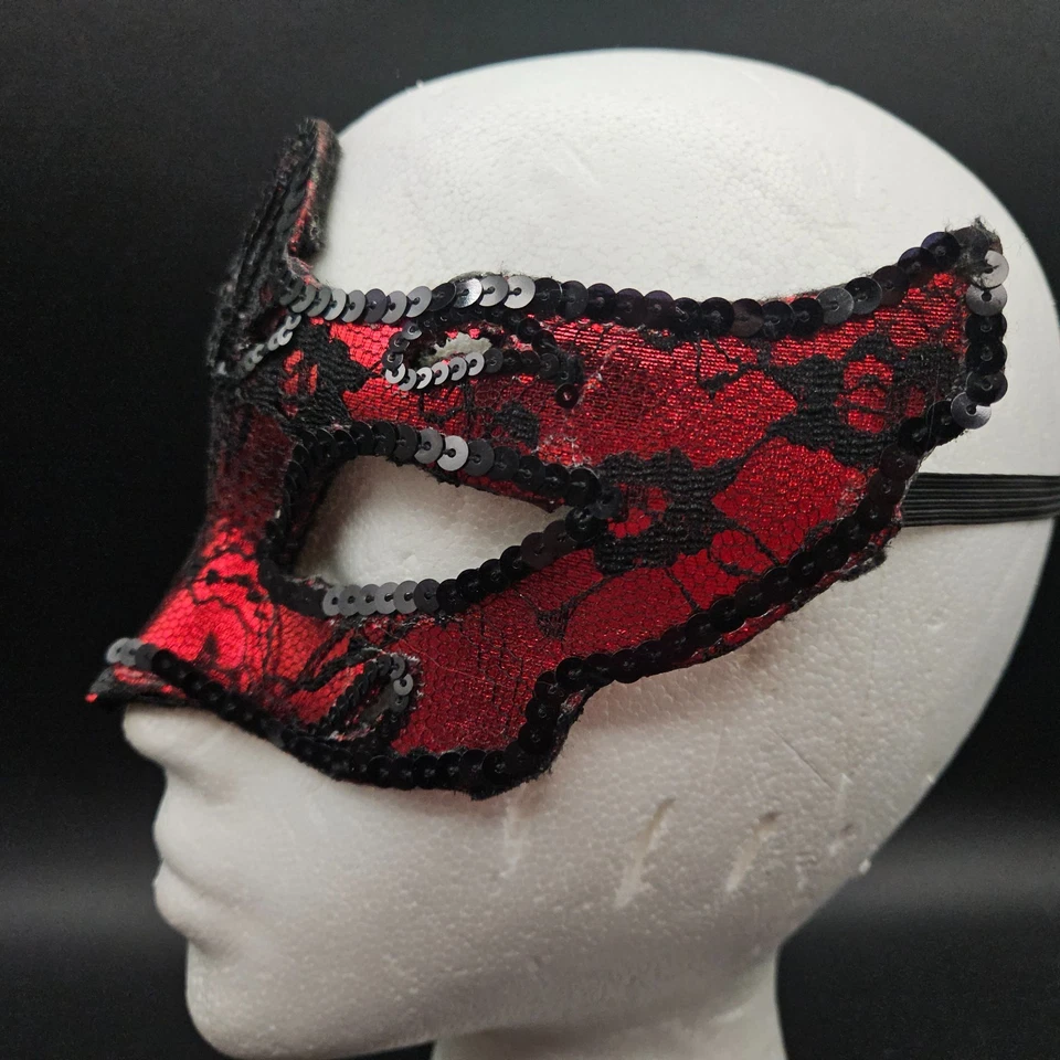Masquerade Ball Mask Red Lace Sequins Ventian Halloween Costume Party Sexy - Image 3 of 4