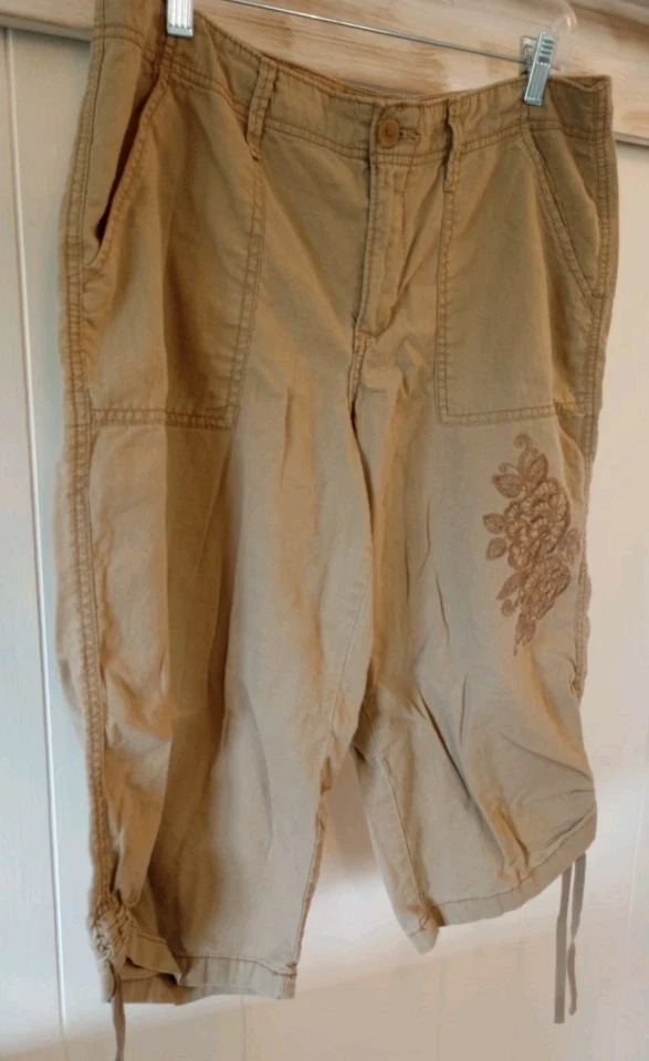 Y2K Faded Glory Capri Tan Embroidered Flower Linen Cotton Blend Casual 10 12 - Image 3 of 4