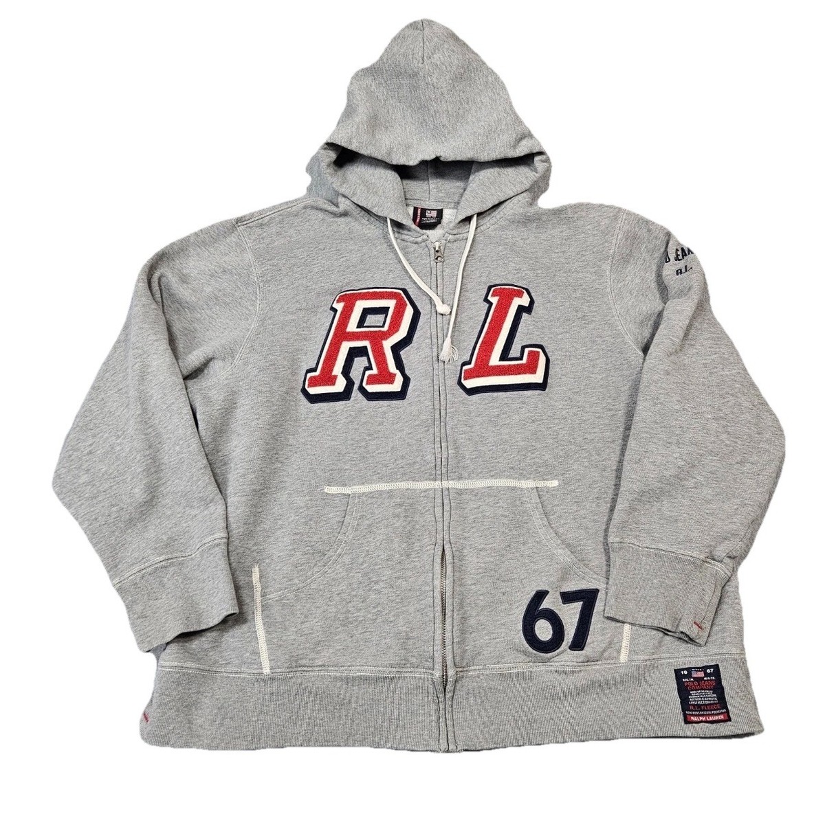 Vintage Polo Jeans Ralph Lauren Hoodie Mens L Gray RL 67 Fleece