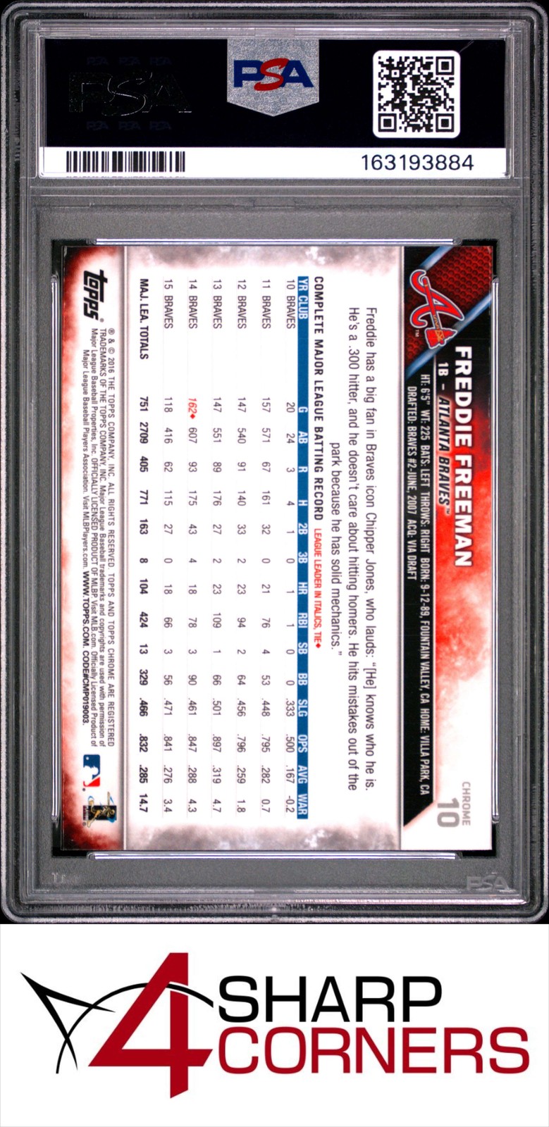 2016 TOPPS CHROME #10 FREDDIE FREEMAN BRAVES PSA 10 view 2