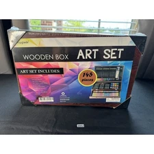 Sunnyglade 145 Piece Deluxe Art Set, Wooden Box & Drawing Kit w/ Crayons Sealed