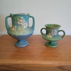 Vintage Roseville 4 and 6 h Inch White Rose Pottery Vase Blue Background  LOT
