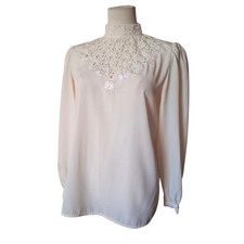 Vintage 1980s Victorian Lace Mock Neck Cottagecore Cream Secretary Blouse
