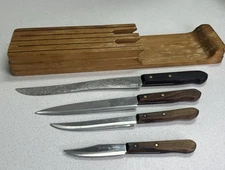 Vintage Ekco Eterna Stainless Steel Knife Set 4 & Hardwood Wall Mount USA Made