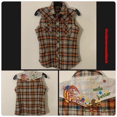 Rare Desigual Women s Collared Shirt 38 Multi Color Embroidered Plaid Snap