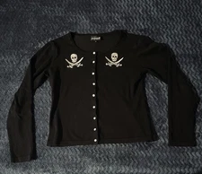 Sourpuss XL Black Cardigan Sweater Jolly Roger Skull Swords Pin Up Button Front