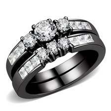Womens Three-Stone Type Round CZ Black Stainless Steel Twins Wedding Ring Set