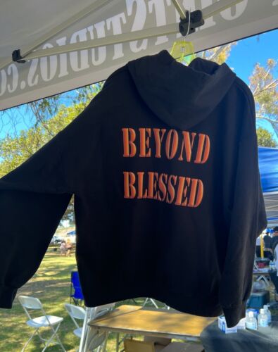Beyond Blessed zip Hoodie Black w Red Orange Graphic UNISEX  DTF Printed 2 sides - Picture 1 of 8