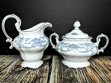 Johann Haviland Bavaria Germany Sugar Bowl & Creamer White Blue Silver Trim 