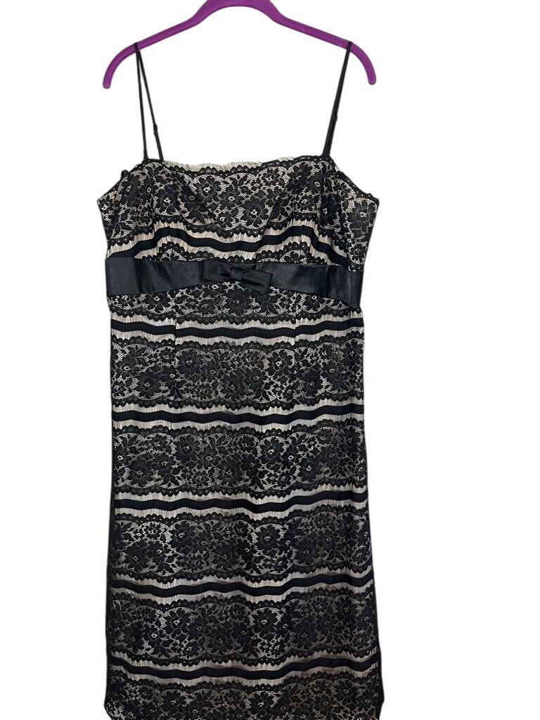 Delaru Dress Women 16 Black Tank Midi Lace Neutral Floral Satin Bow Feminine Y2K