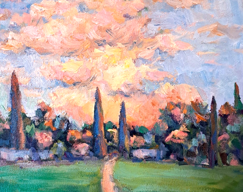 Oil Painting Original Monsoon Sunset Glowing Pink Sky Clouds Framed by Donalee - Foto 2 di 3