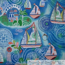 BonEful Fabric FQ Cotton Quilt Blue White Water Sail Boat Red Flag Ocean Scenic
