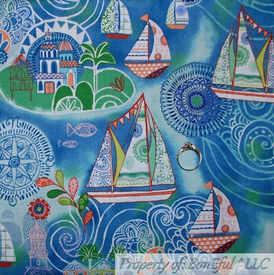 BonEful Fabric FQ Cotton Quilt Blue White Water Sail Boat Red Flag Ocean Scenic