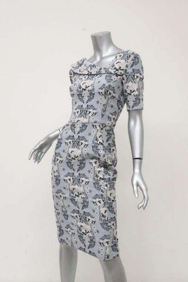 Zac Posen Dress Gray Damask Stretch Jacquard Size 4 Asymmetric-Neck Sheath NEW - Image 2 of 4