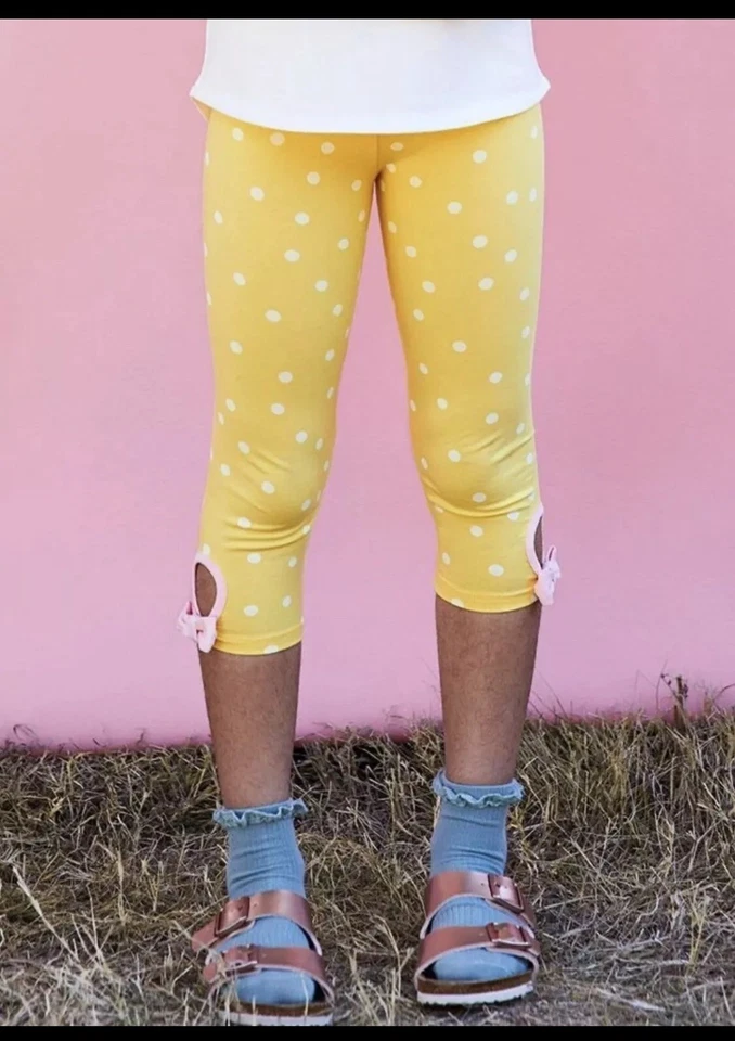 Matilda Jane Yellow Submarine Polka Dot w/ Pink Bows Cropped Leggings Sz 6 - Image 3 of 4