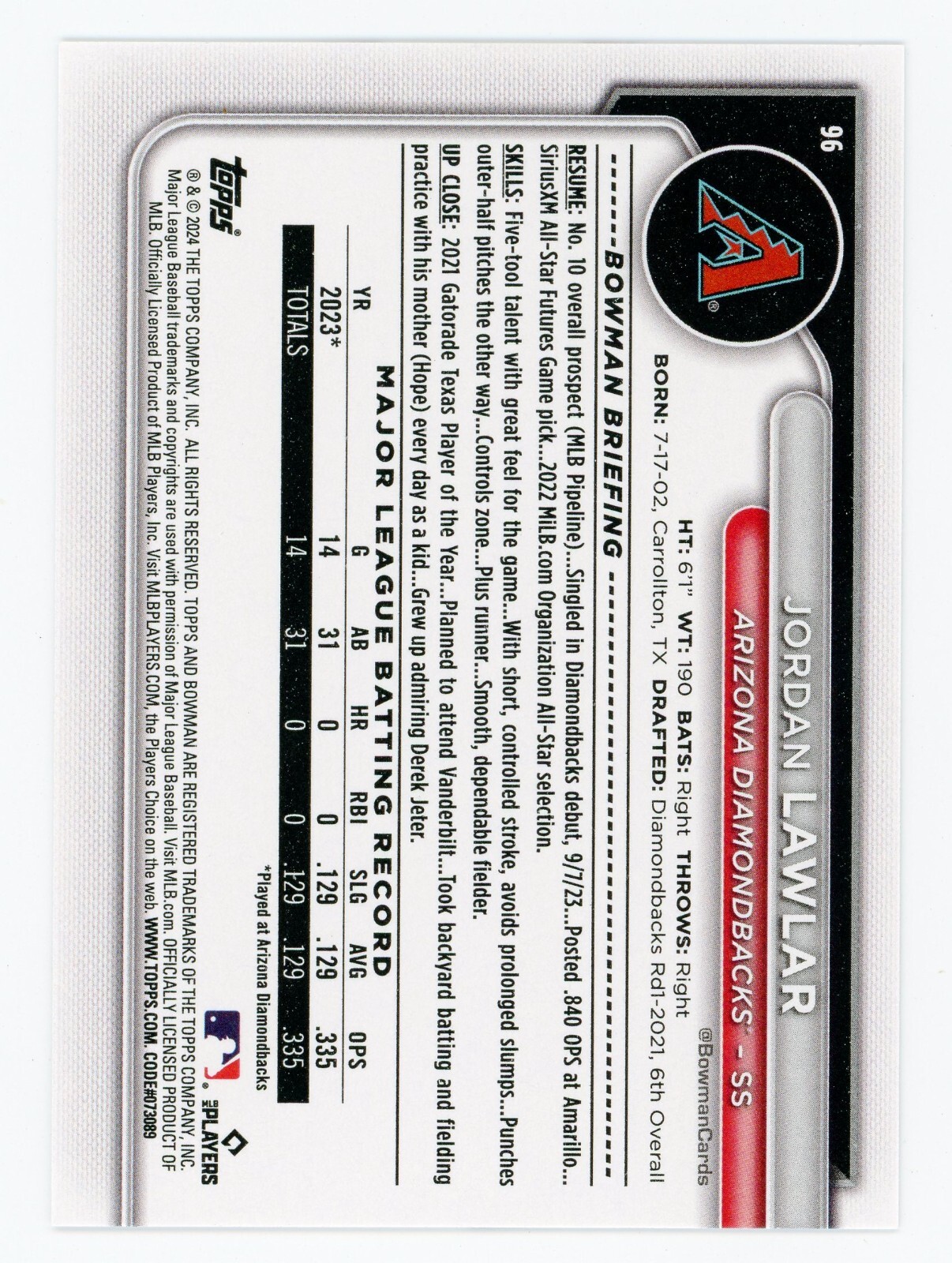 2024 Bowman Jordan Lawlar RC #96 Arizona Diamondbacks SS Rookie thumbnail 2