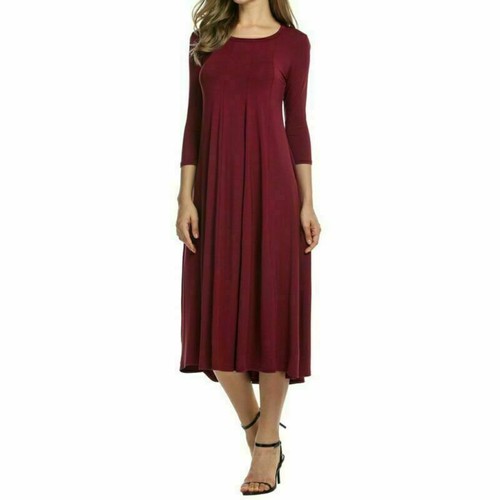 Women Crew Neck Solid Midi Dress Knee Long A Line Skirt 3/4 Sleeve Party Work US - Picture 15 of 18