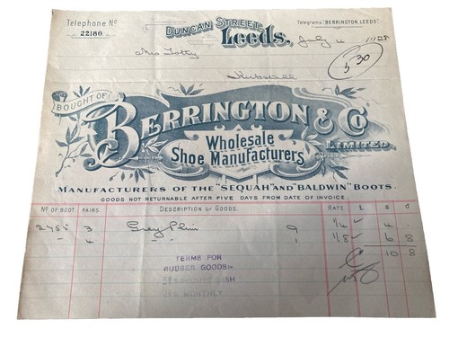 1928 - Billhead - Invoice- Berrington & Co- Shoe Manfacturers - Leeds - Picture 1 of 2
